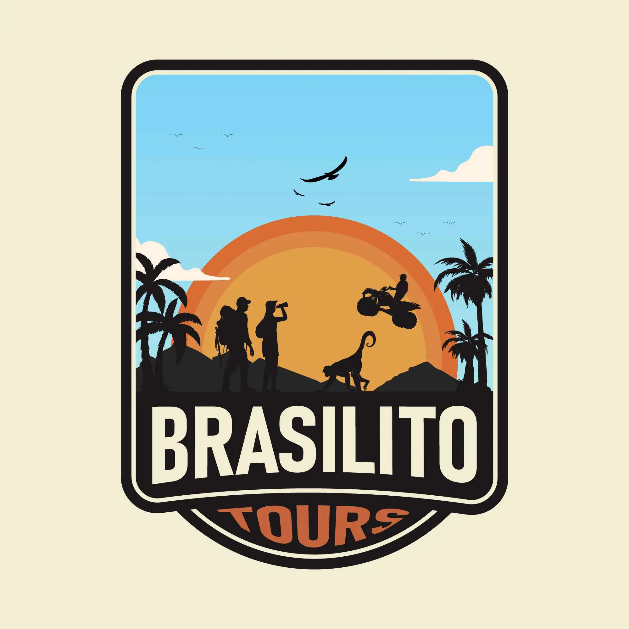 Footer Logo for Brasilito Tours - Cartoon with an ATV, Monkey, Tourists, and Birds